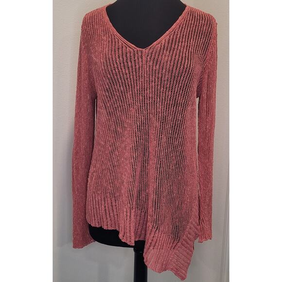 Eileen Fisher Pink Asymmetrical Side Hem Open Knit V-Neck Sweater – Medium - Picture 2 of 9